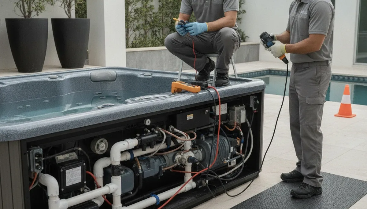 Stockton, CA spa repair technician servicing a home spa for reliable plumbing maintenance